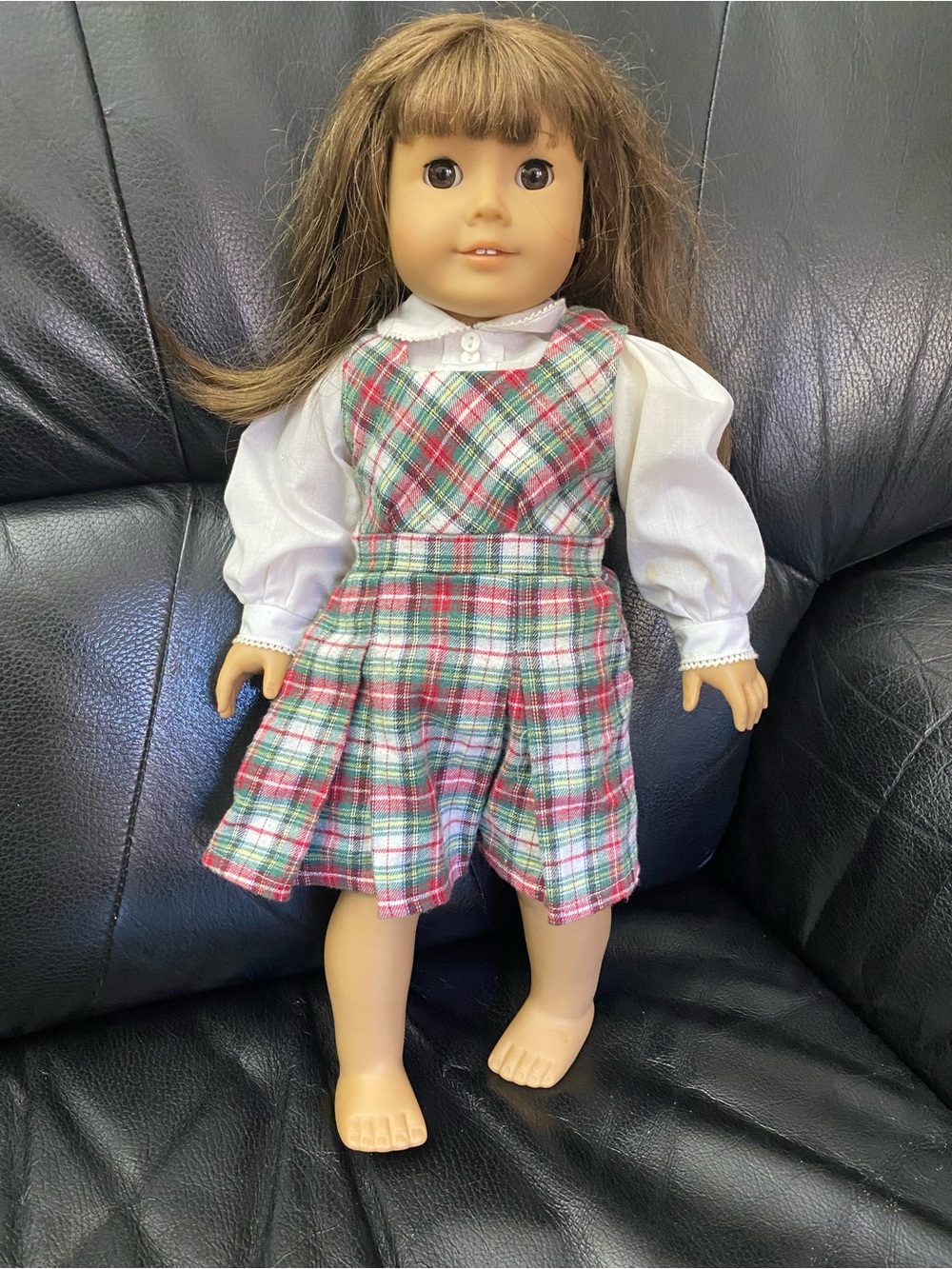 American Girl red and green plaid jumper with white blouse